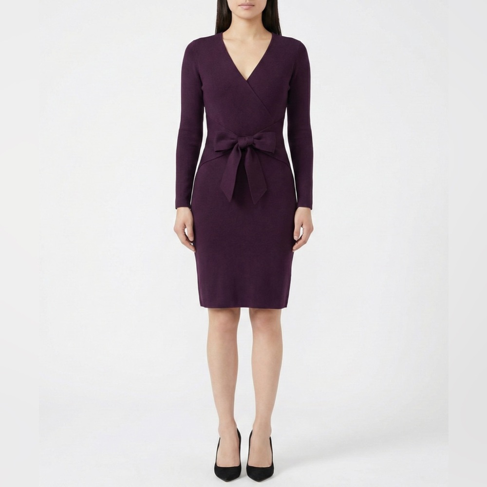 Hobbs London Plum Purple Wrap Dress Wool Blend Machine Washable Size US 2